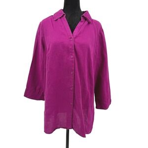 Vintage Linen Button Shirt Womens 1X Purple Lagenlook Minimalist Long Vacation